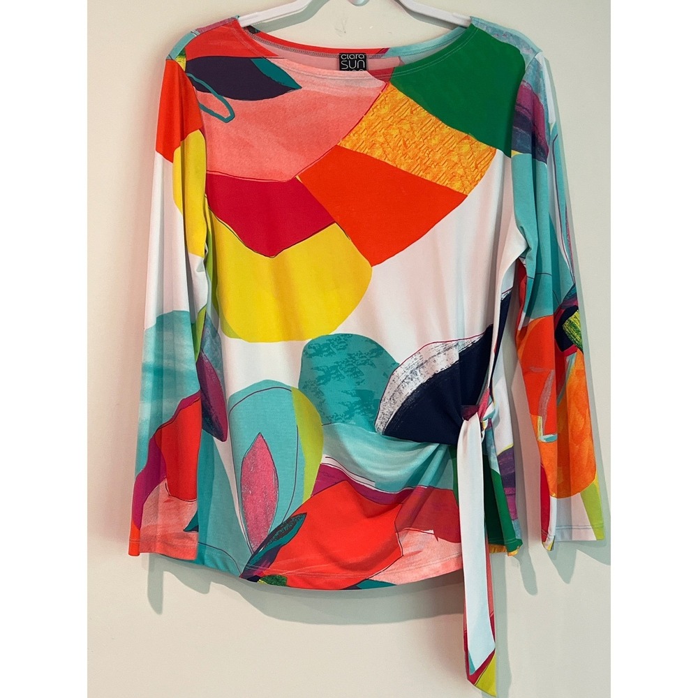 Clara Sunwoo Womens Large Abstract Geometric Side Tie Long Sleeve Top Multicolor